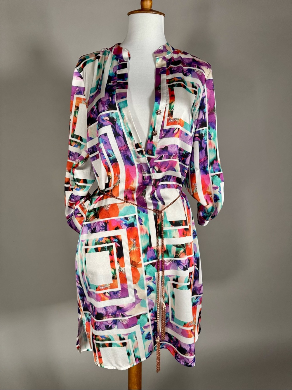 Marciano Multicolor Abstract Blouse with Teal and Coral Highlights